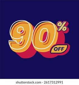 90% off discount banner design in a vibrant retro pop art style. Featuring bold typography with yellow red and navy color palette, perfect for marketing advertisements and social media content.