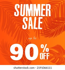 90% off discount. A bright vector illustration of a summer sale advertisement with a fantastic font and a beautiful orange background with tropical leaves.