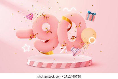 90% Off. Discount creative composition. 3d sale symbol with decorative objects, heart shaped balloons, golden confetti, podium and gift box. Sale banner and poster. Vector illustration.