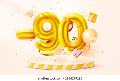 90% Off. Discount creative composition. 3d Golden sale symbol with decorative objects, heart shaped balloons, golden confetti, podium and gift box. Sale banner and poster. Vector illustration.