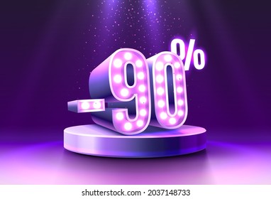 90% Off. Discount creative composition. 3d sale symbol, neon podium gift box. Sale banner and poster. Vector illustration.