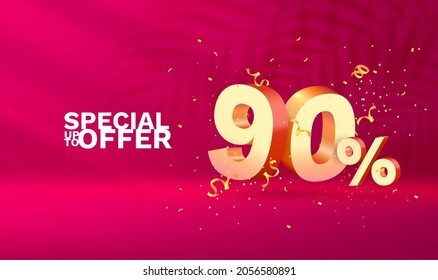 90 Rabatt. Discount Creative Komposition. 3d Goldenes Verkaufssymbol mit dekorativen Objekten, goldenen Konfetti. Verkaufen Sie Banner und Poster. Vektorgrafik.