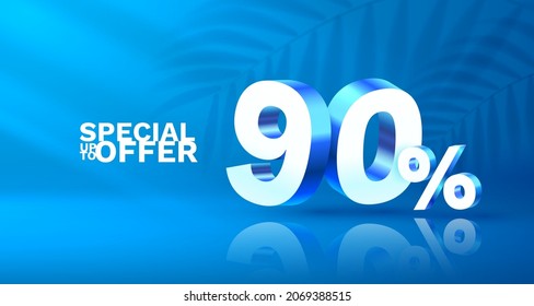 90 Off. Discount creative composition. 3d sale symbol with decorative objects, golden confetti, podium and gift box. Sale banner and poster. Vector illustration.