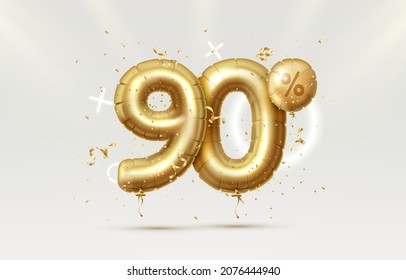 90 Off. Discount creative composition. 3d Golden sale symbol with decorative objects, heart shaped balloons, golden confetti, podium and gift box. Sale banner and poster. Vector illustration.