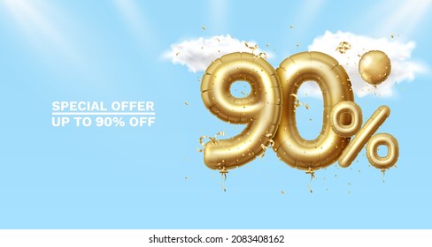 90 Rabatt. Discount Creative Komposition. 3d Goldenes Verkaufssymbol mit dekorativen Gegenständen, herzförmigen Ballons, goldenen Konfetti, Podium und Geschenkbox. Verkaufen Sie Banner und Poster. Vektorgrafik.