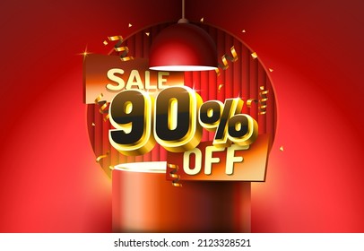 90 Off. Discount creative composition. 3d sale symbol with decorative objects, golden confetti, podium and gift box. Sale banner and poster. Vector illustration.