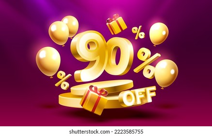 90 Off. Discount creative composition. 3d sale symbol with decorative objects, golden confetti, podium and gift box. Sale banner and poster. Vector illustration.