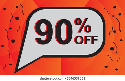90% de desconto. Desconto no seu preço. Número preto com contorno laranja dentro de um balão branco e fundo laranja composto de elementos gráficos pretos.eps