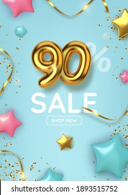 90 off discount promotion sale made of realistic 3d gold balloons with stars, sepantine and tinsel. Number in the form of golden balloons.  Vector illustration