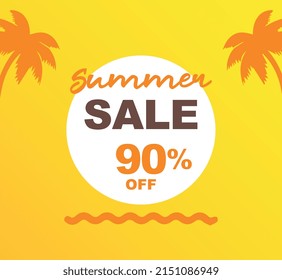 90% de descuento por compras. Ilustración vectorial de la promoción para las ventas de verano. Cocoteros, sol, mar. Diseño para medios sociales, banner, afiche, anuncios, marketing, tiendas minoristas.