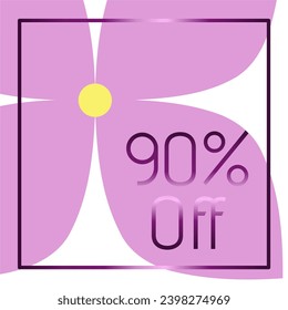 90 % Rabatt. Rabatt. violetter Rahmen mit metallischer Wirkung. Lilac Blume im Hintergrund.