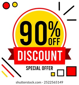 90% off discount 90 % off special offer ninety percent off discount 90%off Promotions with black and white numbers yellow ball circle and red drawings.eps