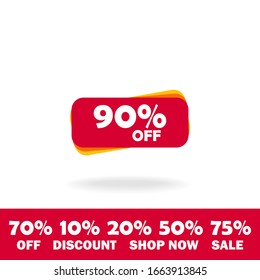 90% OFF Discount Sticker. Sale Red Tag Isolated Vector Illustration. Discount Offer Price Label, Vector Price Discount Symbol. additional elements discount 10, 20, 50, 70, 75 percent.