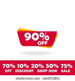 90% OFF Discount Sticker. Sale Red Tag Isolated Vector Illustration. Discount Offer Price Label, Vector Price Discount Symbol. additional elements discount 10, 20, 50, 70, 75 percent.