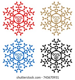 90% Off Discount Sticker. Snowflake Banner or Sticker with 90% Off Sale in Red, Blue, Golden and Black color. Winter Sales and Christmas Discounts