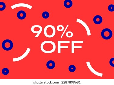 90% off exhibition banner with geometric shapes in red and blue colors