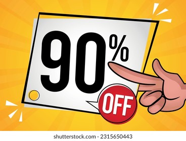 90% de descuento - mano con etiqueta blanca con noventa por ciento de descuento. Ilustración vectorial para ventas con ofertas especiales para minoristas. Colores: negro, rojo, amarillo y naranja