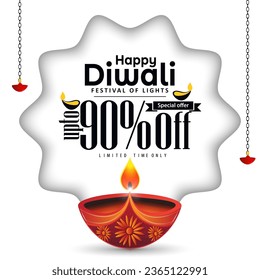 90% off happy diwali sale banner template design on white background. Vector illustration.