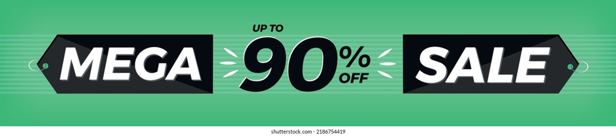 90 % Rabatt. Horizontaler grüner Banner. Werbung für Mega Sale. Bis zu neunzig Prozent Rabatt für Angebote und Aktionen.