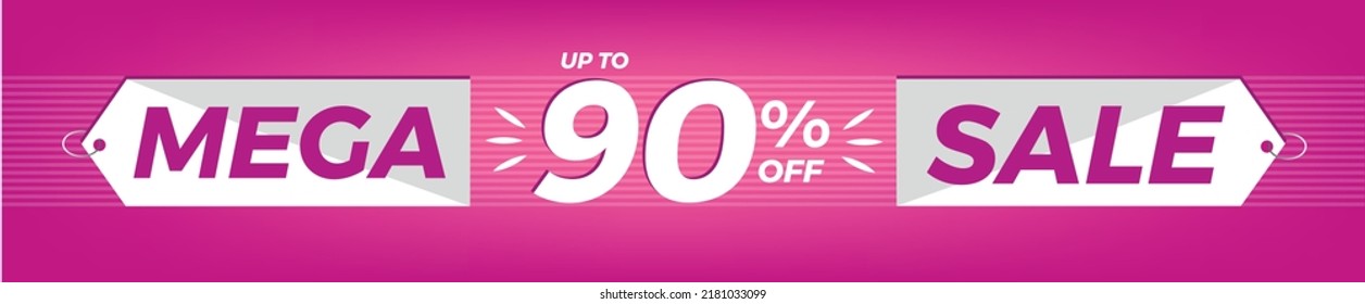90% de descuento. Banner rosa horizontal. Publicidad para Mega Venta. Hasta el noventa por ciento de descuento para promociones y ofertas.