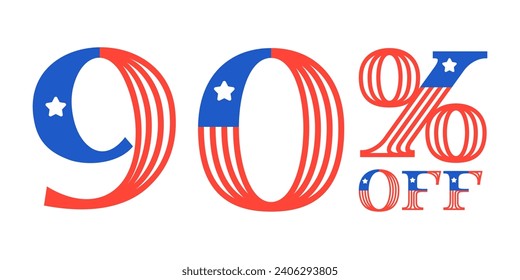 90% OFF lettering made of American flag. Serif font with Star and Stripes. Classic emblem for US history for Super Sale. 4th of July template for special price, discount offer, VIP coupon, sport store