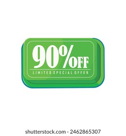 90% Rabatt, begrenztes Sonderangebot. Neunzig Prozent Rabatt grünes quadratisches Label-Button.  
