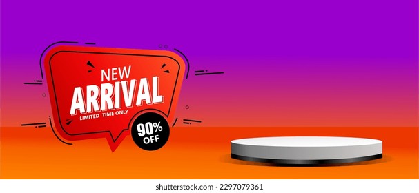  90% off new arrival sale banner template with stage podium product space. purple and orange background Vector illustration. Can used for business store event.