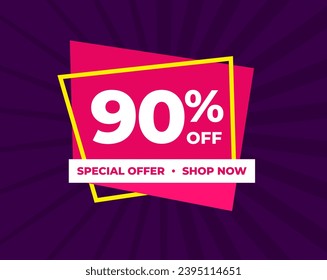90% off, ninety percent, special offer, shop now. Background Label. Purple and pink. Discount special offer. Banner with offer emblem. Modern concept design. Vector illustration.