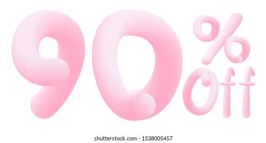 90% off Numbers made of chewing gum for design selling poster / banner promotion . Bubble Gum text. Isolated on white background. Vector 3d font . Discount tag , advertising , special offer
