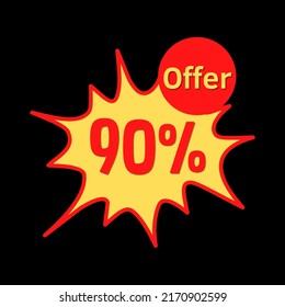 90% de descuento (oferta) con burbuja del discurso de explosión del descuento en línea rojo y amarillo, burbuja	