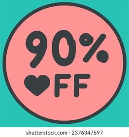 90% off, pink discount tag, with heart