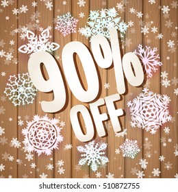 90 % off poster, banner or flyer. Winter holiday themed. Vector illustration for your graphic design.