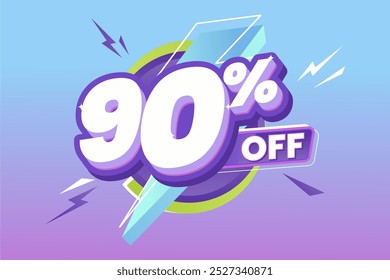 90% Off Promoção com negrito branco e roxo texto 3D, cercado por formas de relâmpago dinâmico, definido em um gradiente vibrante azul para roxo fundo. Perfeito para eventos de venda.