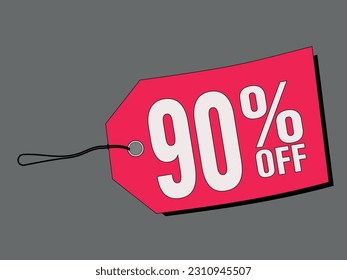 90% off in red price tags with black string on gray background. Special offer or shopping discount label. Retail paper sticker