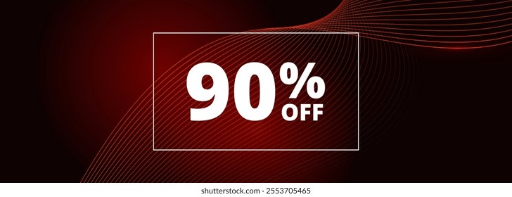 90 off sale banner. Abstract red glowing wavy lines on black wide background. 90 percent off holiday sale discount. Vector illustration