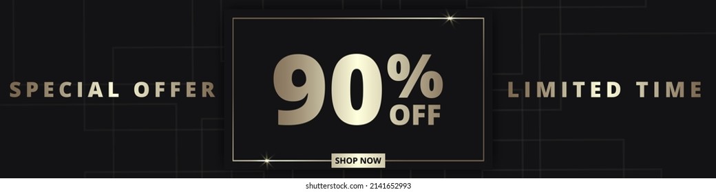 90 off sale banner. Special offer limited time 90 percent off. Sale discount offer. Luxury promotion banner with golden typography ninety percent discount on black background. Vector illustration