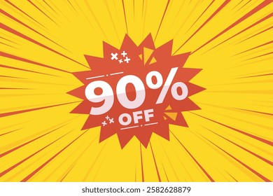 90% off sale banner vector with red and yellow sunburst background and white text. Perfect for flash sale, special offers, big sale, e-commerce, online promotions and discount advertising.