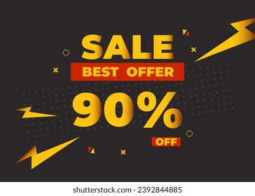 90% off sale best offer. Sale banner with ninety percent of discount, coupon or voucher vector illustration. Yellow and red template for campaign or promotion.