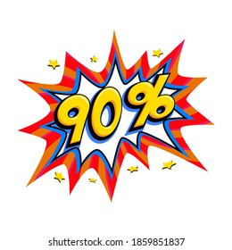 90% fuera de venta. Balón de globo de tira roja de venta cómica - Banner de promoción de descuento estilo pop art. Ilustración vectorial.