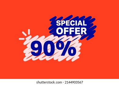 90% OFF Sale Discount banner shape template. Super Sale 90 percent Special offer badge end of the season sale coupon bubble icon. Modern concept design. Discount offer price tag vector illustration.