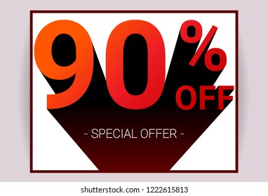 90% OFF Sale. Red color 3D text and black shadow on white background design. Discount special offer promo advertising card concept vector illustration.