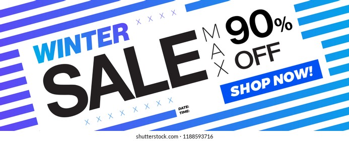 90% OFF Sale Winter Discount Web Banner. Holiday Sale Coupon Design, 90% Special Offer Promo Ad. Vector Illustration EPS10. White and Blue Striped Background.