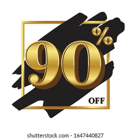 90% Off Sign Over Art Brush. 90 Percent Discount Price. Black Paint In Gold Square. Hand Painted Vector Brush Stroke. Golden Sale Banner.