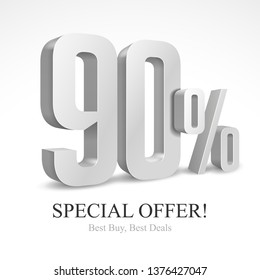 90% Off Special Offer Silver 3D Digits Banner, Template Ninety Percent. Sale, Discount. Grayscale, Metal, Gray, Glossy Numbers. Illustration Isolated On White Background. Ready For Your Design. Vector