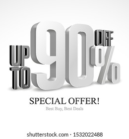 Up To 90% Off Special Offer Silver 3D Digits Banner, Template Ninety Percent. Sale, Discount. Grayscale, Metal, Gray, Glossy Numbers. Illustration Isolated On White Background. Ready For Your Design.