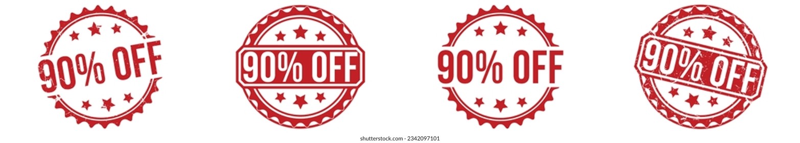 90% Sello de goma rojo despegado sobre fondo blanco. 90% de señal de despido. 90% de descuento.