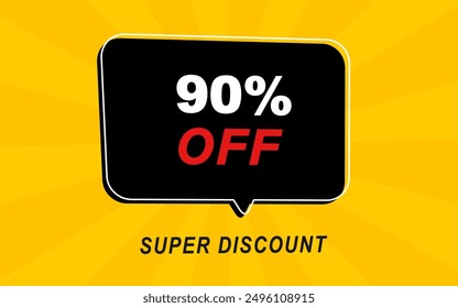 90% off. Yellow banner with ninety percent discount on a black balloon