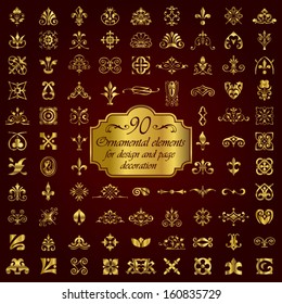 90 Ornamental elements for design and page decoration in gold