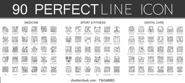 90 outline mini concept infographic symbol icons of medicine, sport and fitness, dental care.