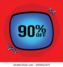 90%, 90 percent, blue retangle, Red background, number ninety.